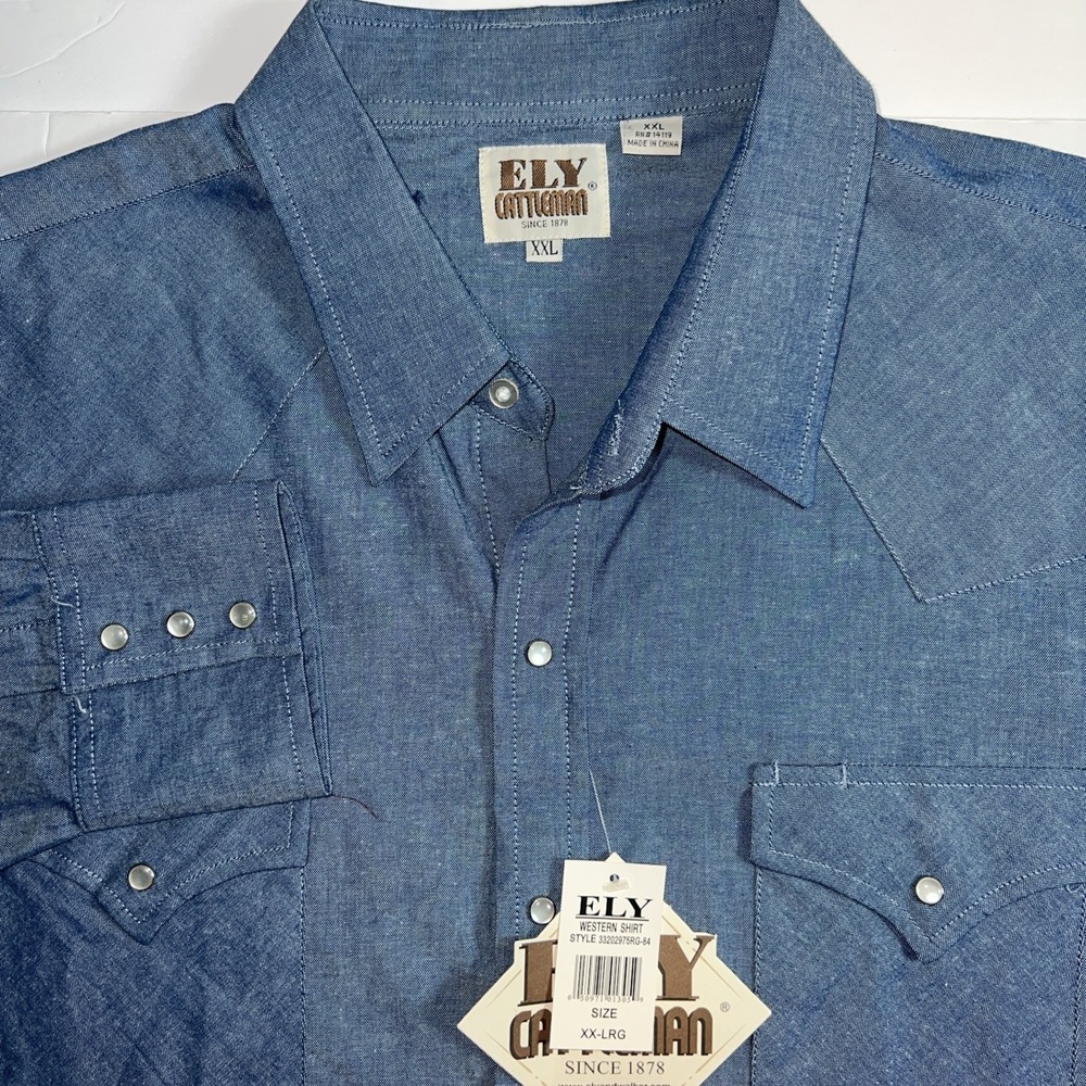 NWT ELY Cattleman Long Sleeve Snap Front Shirt, Men's XXL Denim Blue